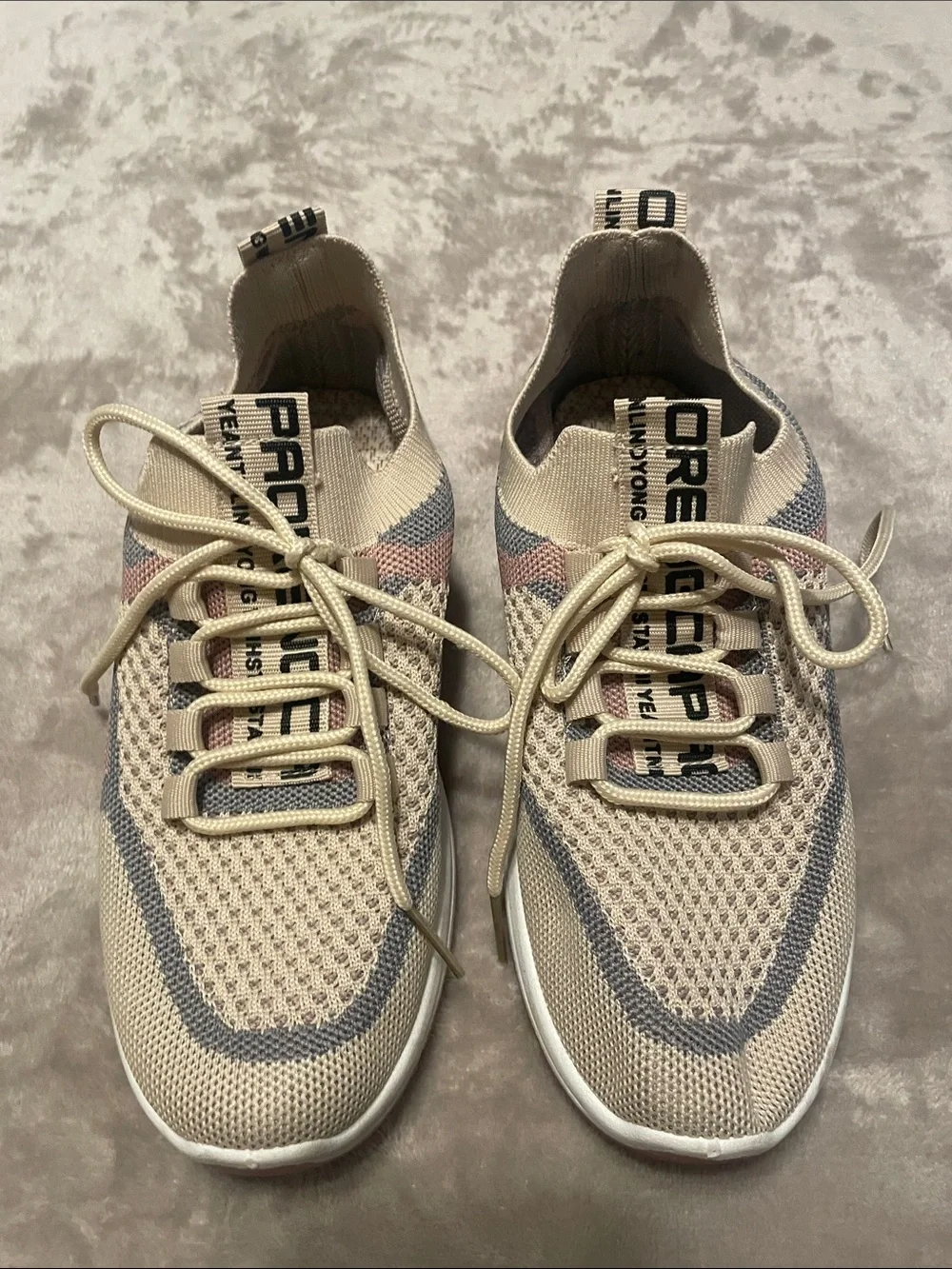 Beige Knit Slip-On Athletic Sneakers with Lace-Up Detail